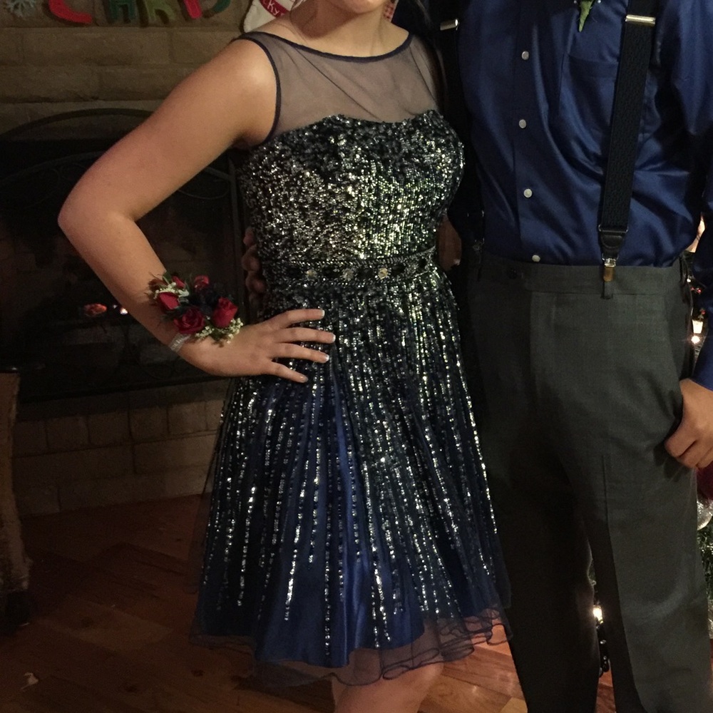 Short Navy Blue Sequin Sherri Hill Dress